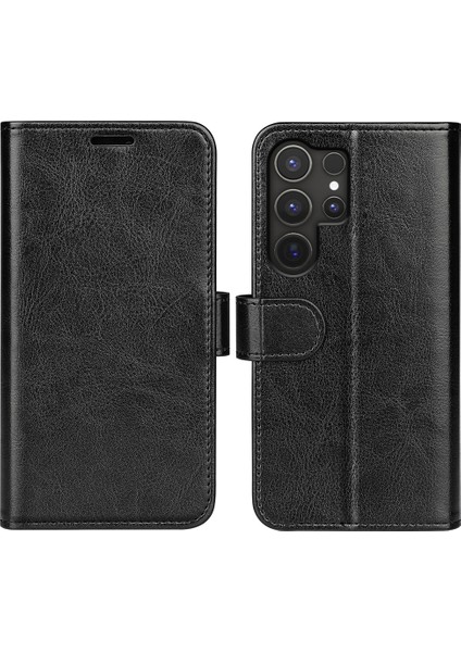 Samsung Galaxy S25 Ultra Cüzdan Kılıf Crazy Horse Doku Standlı Deri Telefon Kapağı-Siyah (Yurt Dışından)