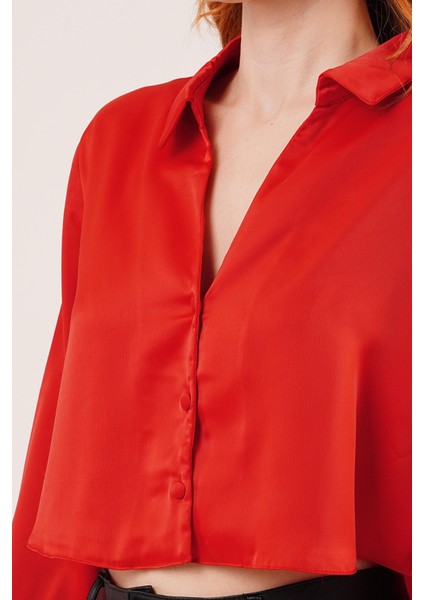 Saten Crop Model Kırmızı Gömlek