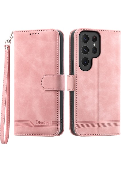 Samsung Galaxy S25 Ultra Deri Kılıf Hatları Baskılı Cüzdan Telefon Kapağı-Pembe (Yurt Dışından)