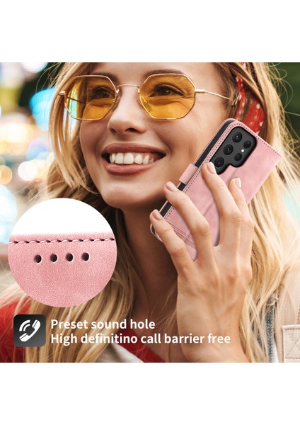 Samsung Galaxy S25 Ultra Deri Kılıf Hatları Baskılı Cüzdan Telefon Kapağı-Pembe (Yurt Dışından)