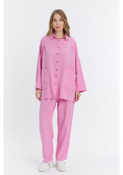 Çift Cepli Keten Oversize Italyan Ikili Takım-Pembe