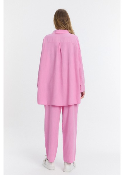 Çift Cepli Keten Oversize Italyan Ikili Takım-Pembe fiyatları