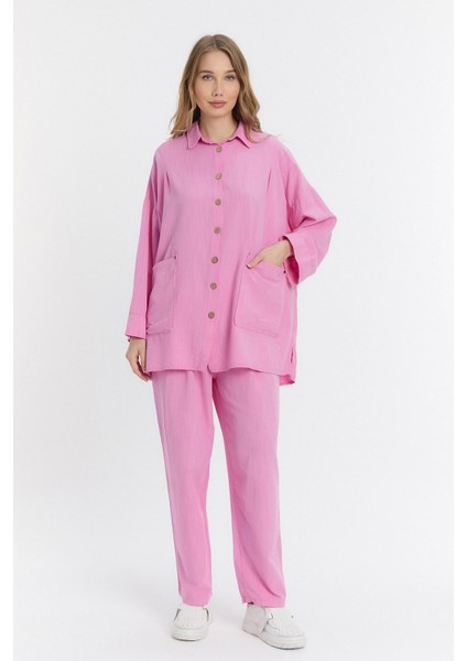 Çift Cepli Keten Oversize Italyan Ikili Takım-Pembe modelleri