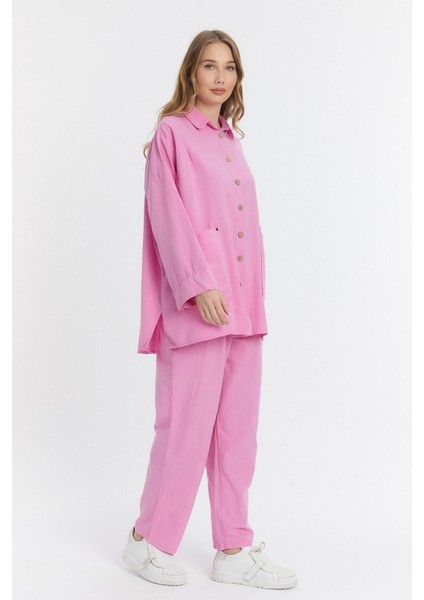 Çift Cepli Keten Oversize Italyan Ikili Takım-Pembe fırsatları