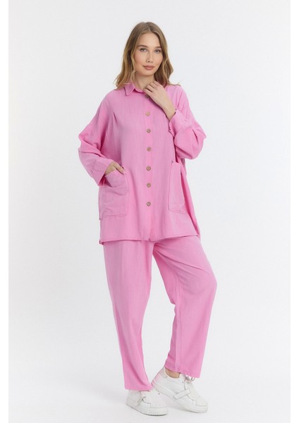 Çift Cepli Keten Oversize Italyan Ikili Takım-Pembe indirimleri