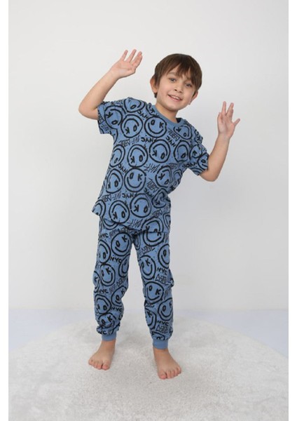 Isob Mavi Gülen Surat Desenli %100 Pamuk Erkek Çocuk Kısa Kollu Pijama Takımı 3-8 Yaş 41305-M