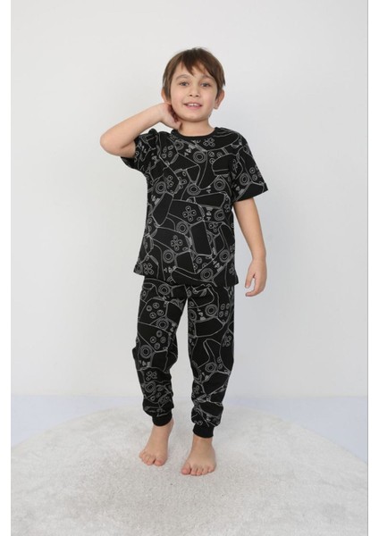 Isob Siyah Atary Desenli %100 Pamuk Erkek Çocuk Kısa Kollu Pijama Takımı 3-8 Yaş 41306-S