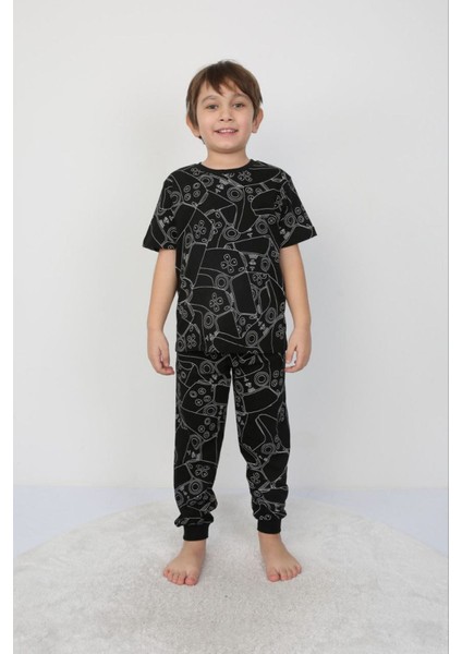 Isob Siyah Atary Desenli %100 Pamuk Erkek Çocuk Kısa Kollu Pijama Takımı 3-8 Yaş 41306-S
