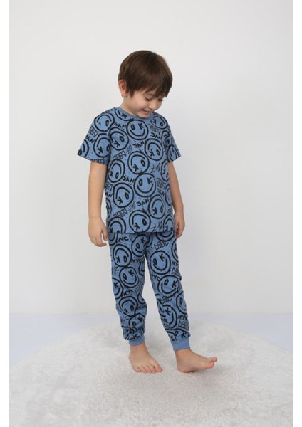 Isob Mavi Gülen Surat Desenli %100 Pamuk Erkek Çocuk Kısa Kollu Pijama Takımı 3-8 Yaş 41305-M