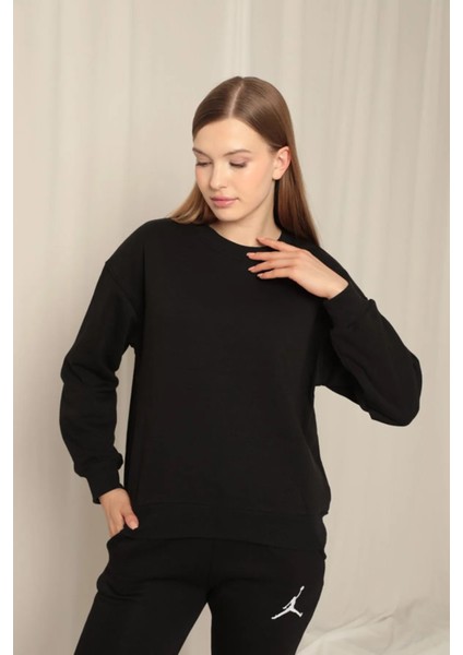 Kadın Siyah Bisiklet Yaka Düşük Kol Oversize Üç İplik Şardonsuz Basic Sweat Sweatshirt