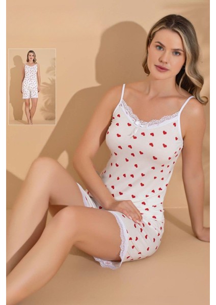 Kırmızı Kalp Desenli Beyaz Dantelli Askılı Şortlu Pijama Takımı