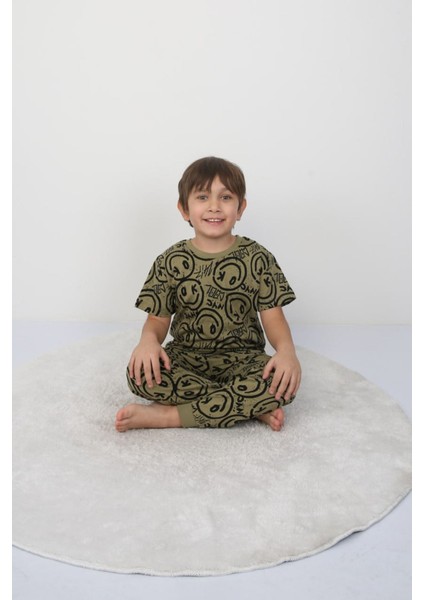 Isob Yeşil Gülen Surat Desenli %100 Pamuk Erkek Çocuk Kısa Kollu Pijama Takımı 3-8 Yaş 41305-Y