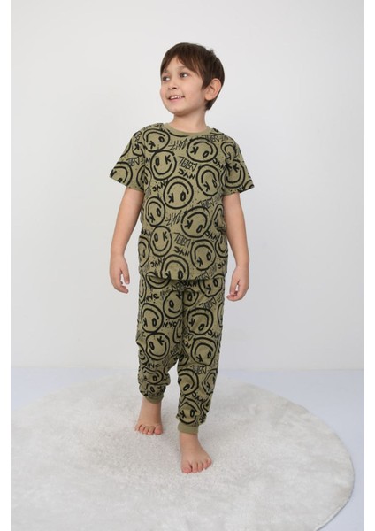 Isob Yeşil Gülen Surat Desenli %100 Pamuk Erkek Çocuk Kısa Kollu Pijama Takımı 3-8 Yaş 41305-Y