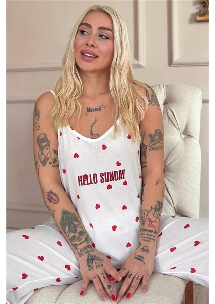Kırmızı Kalp Baskılı Ip Askılı Örme Kadın Pijama Takımı