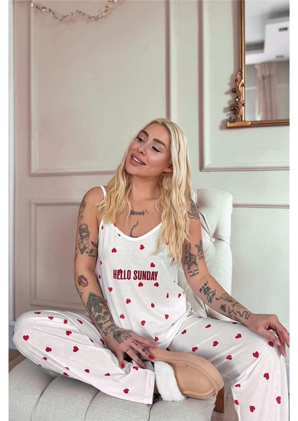 Kırmızı Kalp Baskılı Ip Askılı Örme Kadın Pijama Takımı fiyatları