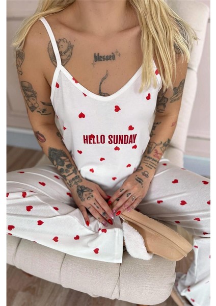 Kırmızı Kalp Baskılı Ip Askılı Örme Kadın Pijama Takımı indirimleri