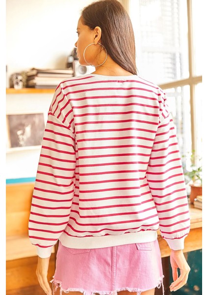 Kadın Kırmızı Çizgili Bisiklet Yaka Oversize Üç Iplik Basic Sweat Sweatshirt fırsatları