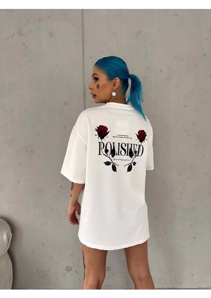 Unisex Bisiklet Yaka Baskılı Oversize T-Shirt - Beyaz fiyatları