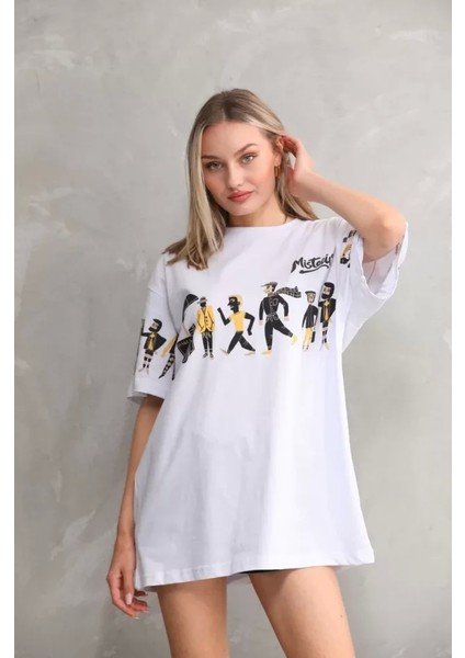 Bisiklet Yaka Baskılı Oversize T-Shirt - Beyaz fiyatları