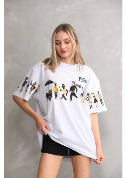 Bisiklet Yaka Baskılı Oversize T-Shirt - Beyaz fırsatları