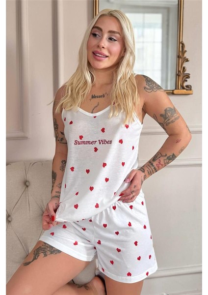 Kırmızı Kalp Desenli Ip Askılı Şortlu Kadın Pijama Takımı