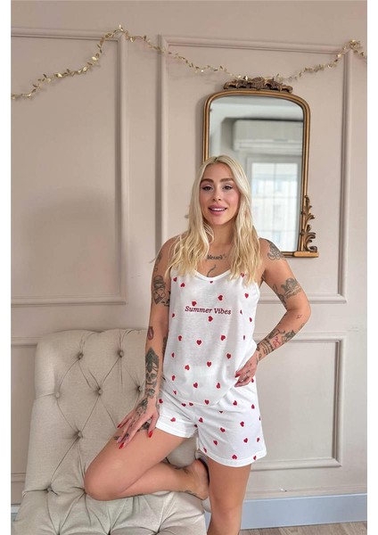 Kırmızı Kalp Desenli Ip Askılı Şortlu Kadın Pijama Takımı fiyatları