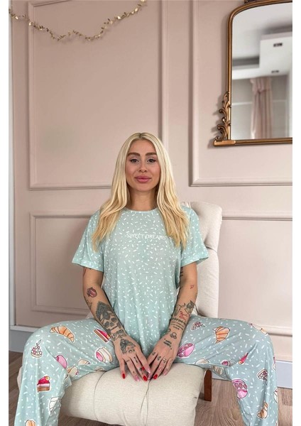 Mint Sweet Dreams Desenli Örme Kısa Kol Kadın Pijama Takımı modelleri