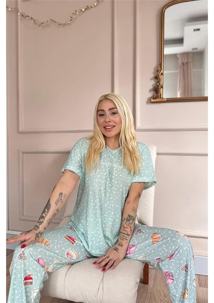Mint Sweet Dreams Desenli Örme Kısa Kol Kadın Pijama Takımı indirimleri