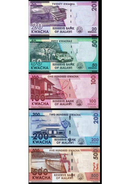 Malawi 20-50-100-200-500 Kwacha 2017-2022 Set, Çil, Eski Yabancı Kağıt Para