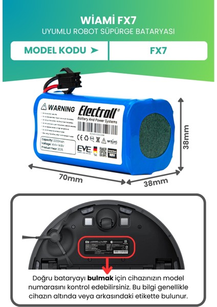 Wiami Fx7 Uyumlu Batarya (ULTRA YÜKSEK KAPASİTE) 3200mah Pil Robot Süpürge Bataryası fiyatları