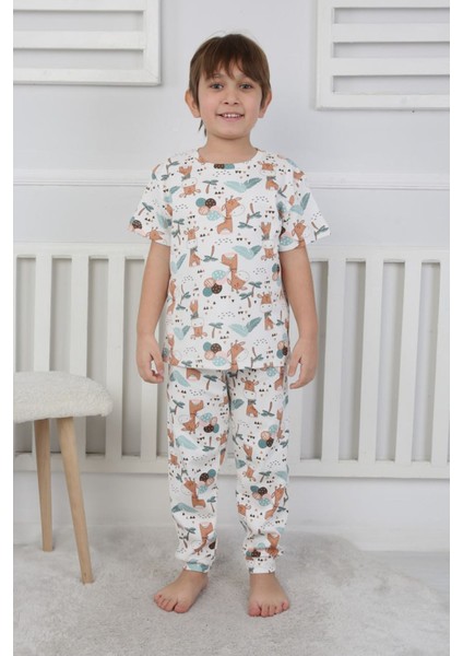 Isob Ekru Balonlu Zürafa Desenli %100 Pamuk Erkek Çocuk Kısa Kollu Pijama Takımı 3-8 Yaş 41318-E