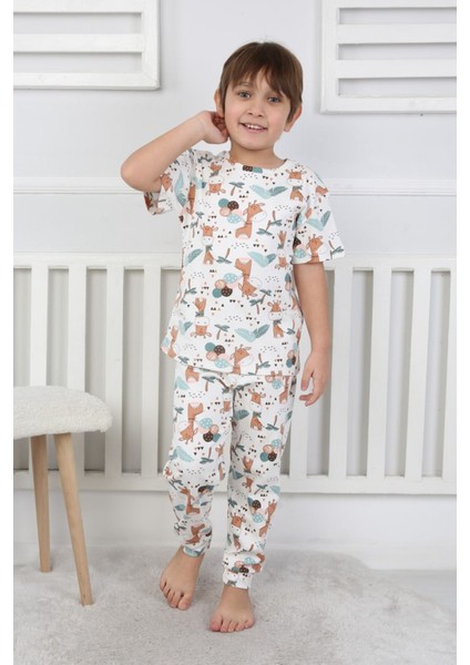 Isob Ekru Balonlu Zürafa Desenli %100 Pamuk Erkek Çocuk Kısa Kollu Pijama Takımı 3-8 Yaş 41318-E