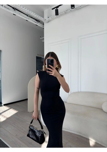 Butik Kolsuz Uzun Likralı Elbise - Siyah