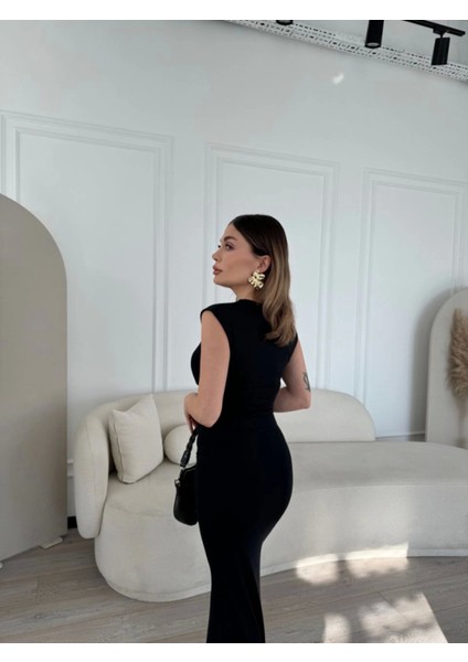 Butik Kolsuz Uzun Likralı Elbise - Siyah