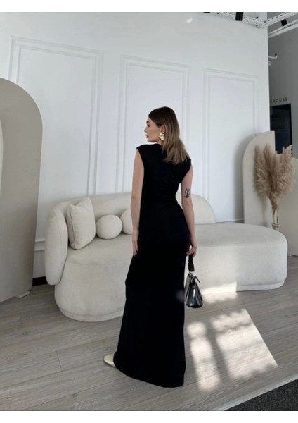 Butik Kolsuz Uzun Likralı Elbise - Siyah