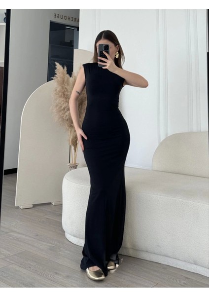 Butik Kolsuz Uzun Likralı Elbise - Siyah