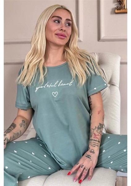 Yeşil Grateful Heart Desenli Bambu Kısa Kol Kadın Pijama Takımı