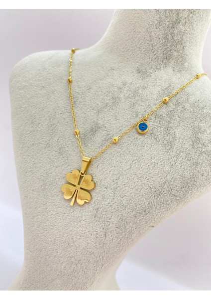 Lucky B&e Top Zincirli Nazar Boncuklu Yonca Çelik Kolye Gold