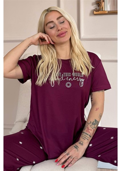 Mürdüm Good Energy Desenli Bambu Kısa Kol Kadın Pijama Takımı