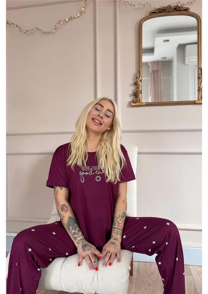 Mürdüm Good Energy Desenli Bambu Kısa Kol Kadın Pijama Takımı