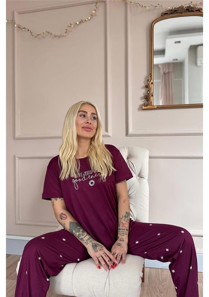 Mürdüm Good Energy Desenli Bambu Kısa Kol Kadın Pijama Takımı