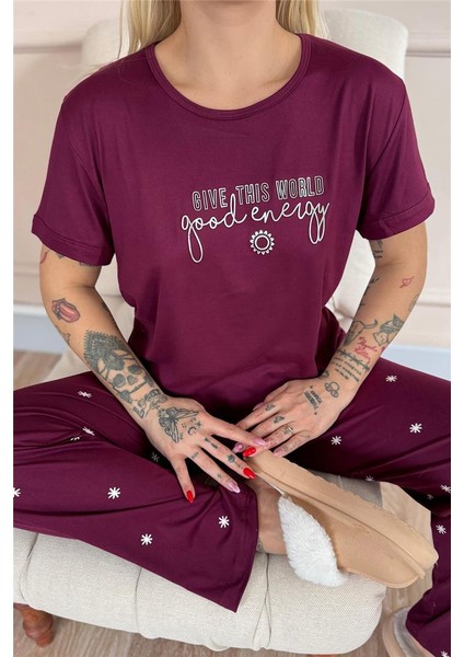 Mürdüm Good Energy Desenli Bambu Kısa Kol Kadın Pijama Takımı
