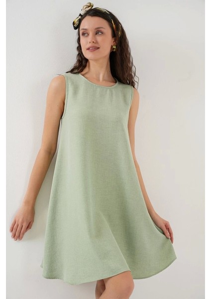 2444 Mini Keten Elbise - E.yeşil modelleri