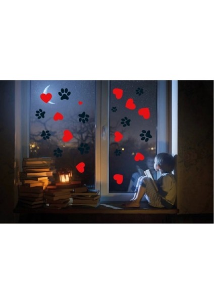 Kalp ve Kedi Patileri Şekli Cam Veya Duvar Stickeri