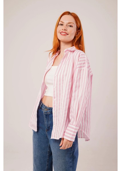Çizgili Rahat Kesim Pembe Gömlek modelleri