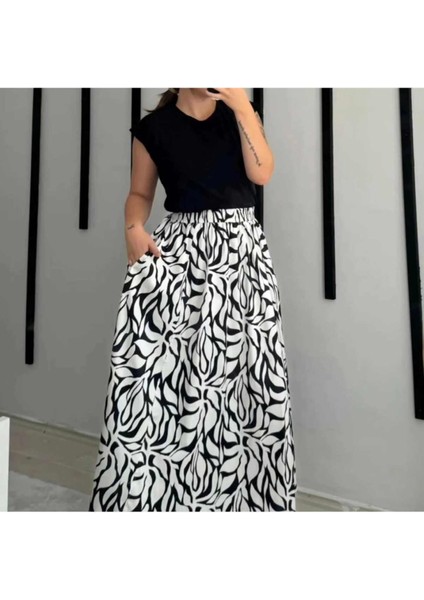Cep Detaylı Poplin Kumaş Uzun Etek ( 90 cm ) - Siyah-Beyaz