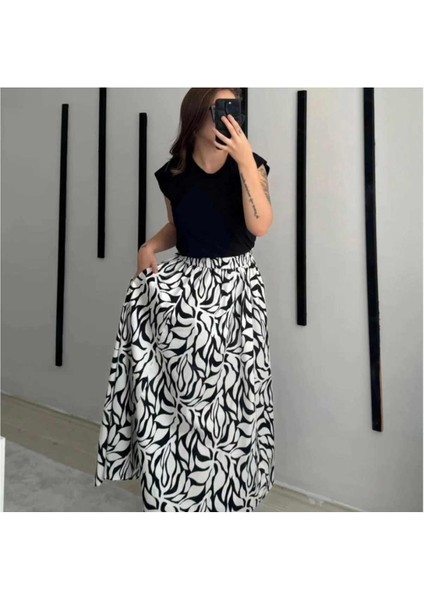 Cep Detaylı Poplin Kumaş Uzun Etek ( 90 cm ) - Siyah-Beyaz