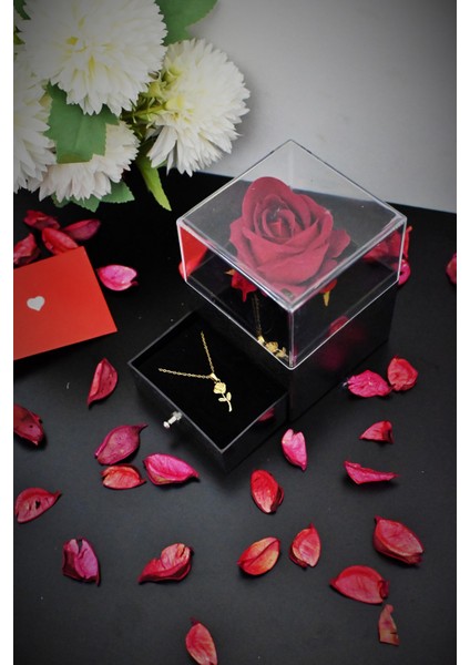 Hediye Rose Gold Çelik Kararmaz Kolye Çekmeceli Gül Seti Kadınlar Günü Doğum Günü