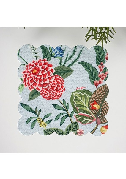 Pastel Mavi Zemin Botanik Çiçekli Lazer Kesim Kumaş Kokteyl Peçetesi 1 Adet