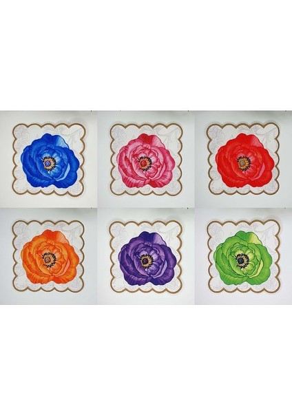 6'lı Gelincik Çiçek Tasarımlı Nakış Kenar Kumaş Kokteyl Peçetesi